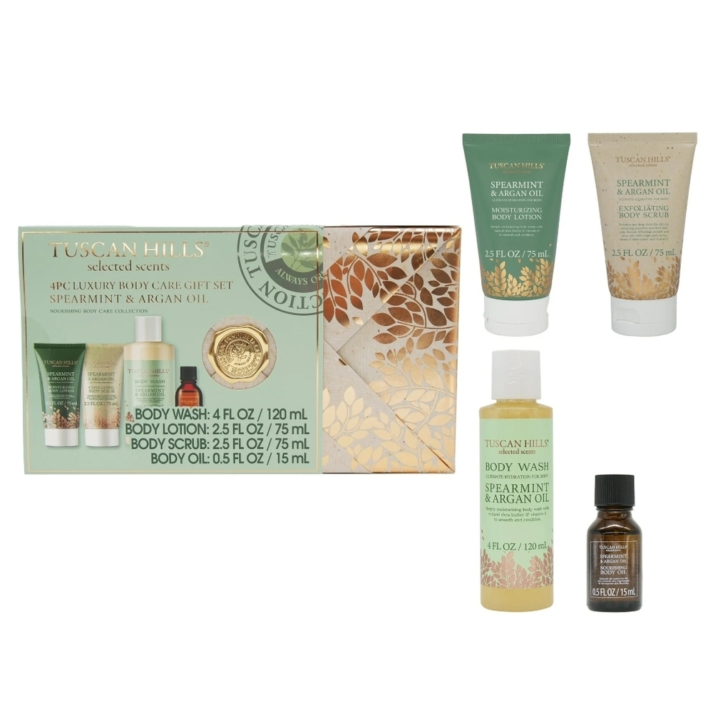 Tuscan Hills Luxury Body Care GiftSet, Spearmint & Argon Oil Scent, 4Piece-NEW
